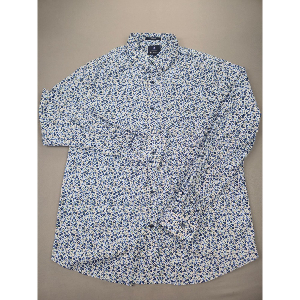 Ben Sherman Mens Blue Floral Ditsy Print Stretch Long Sleeve Button Down Shirt L